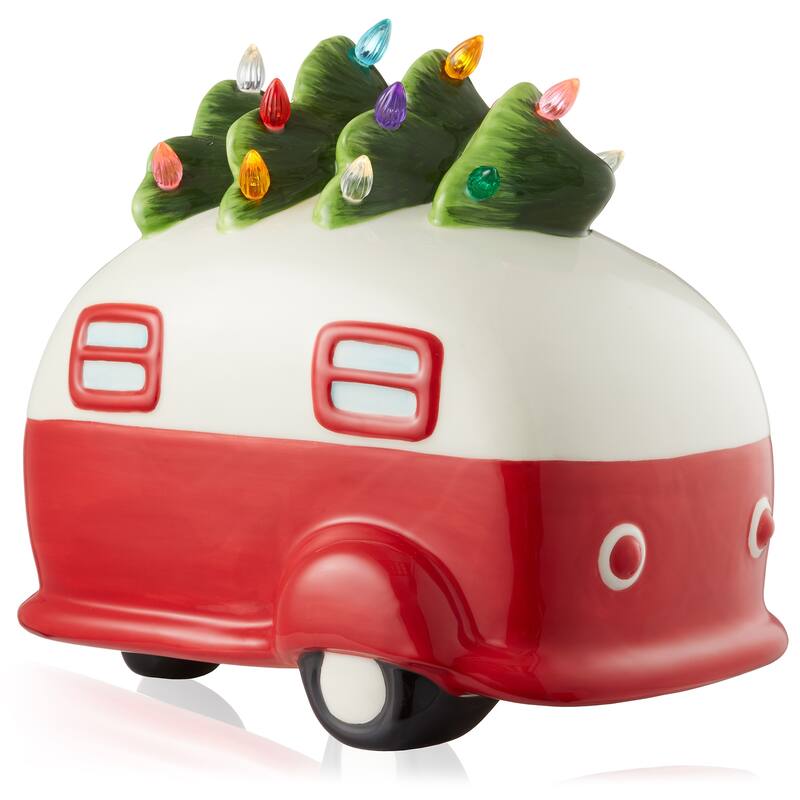 PreLit HandPainted Ceramic Christmas Vintage Camper with Tree