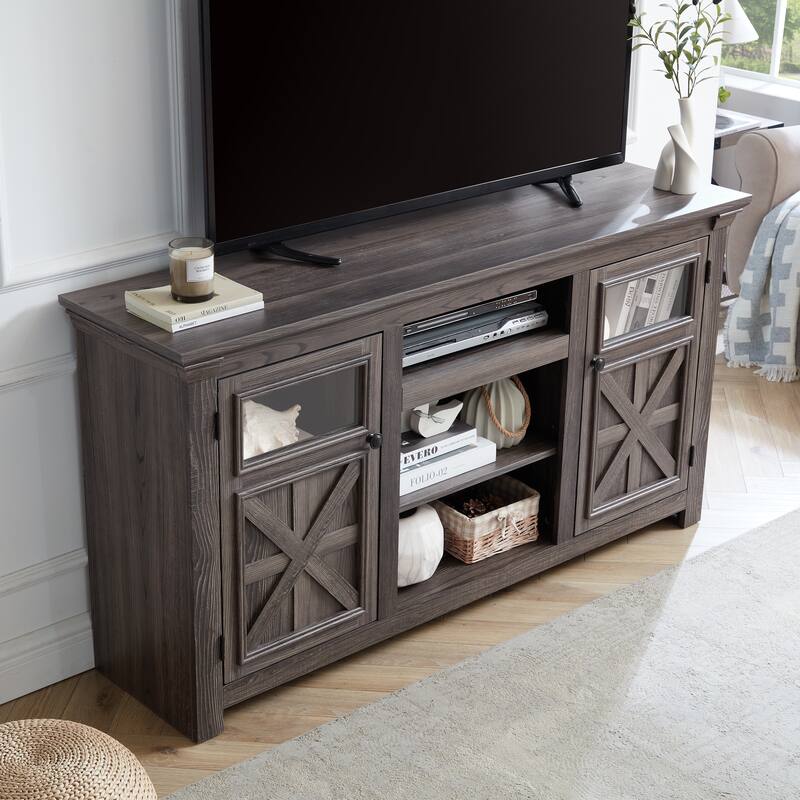 Farmhouse TV Stand, 2-Door Cabinet Media Stand with Barn Design and Open Shelving, for Living Room, Grey