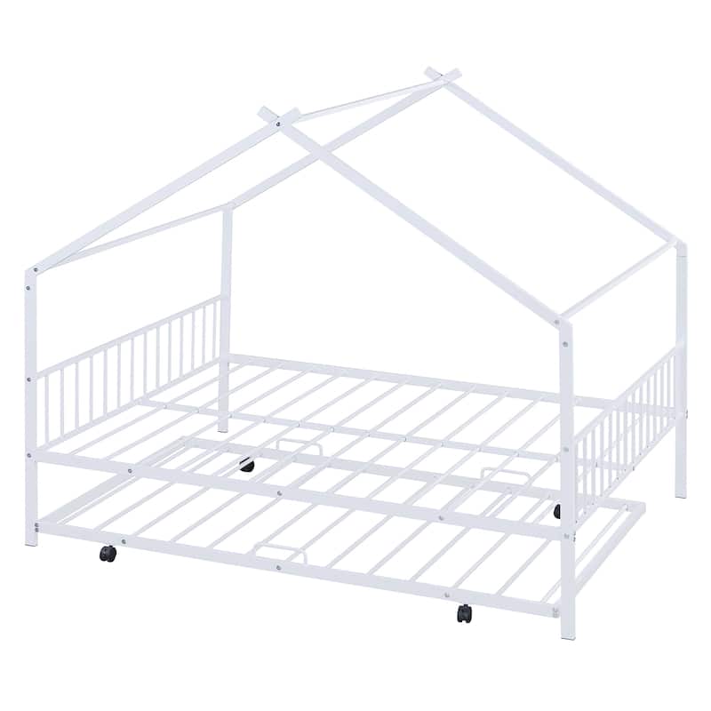 Full Size Metal House Bed with Twin Size Trundle