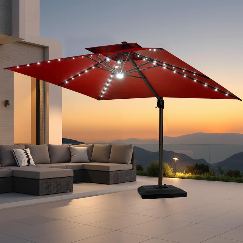 Pellebant 10 x 13FT Outdoor Rectangular Cantilever Patio Umbrella Solar LED Lighted with Premium Base - Red