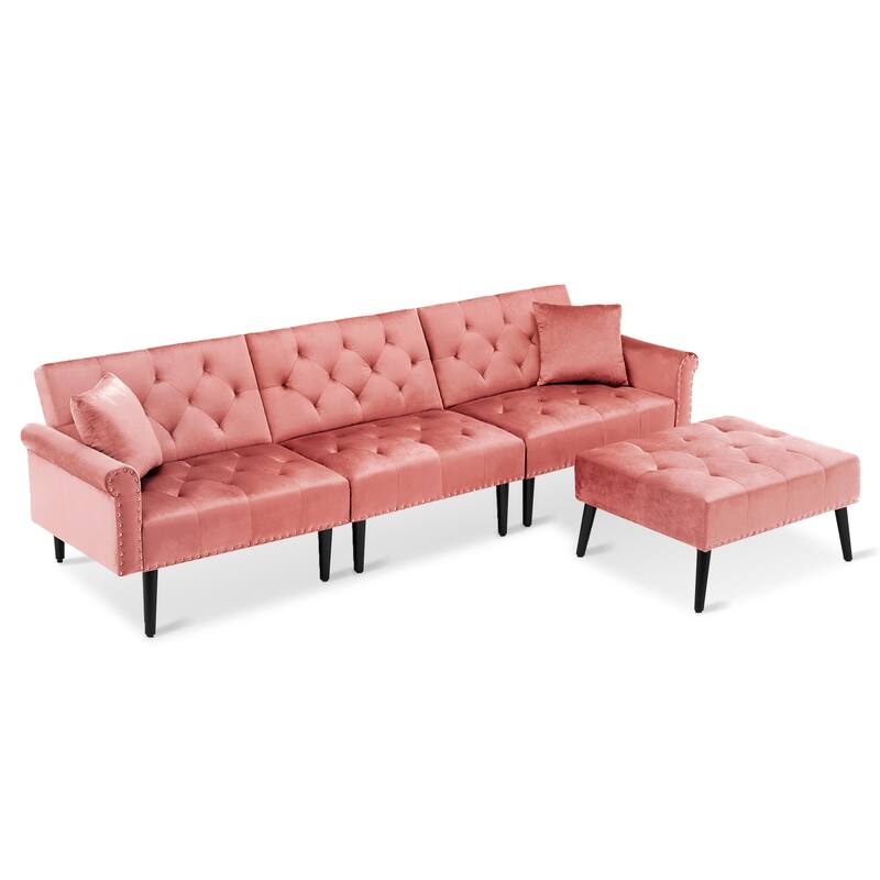 Convertible Velvet Sofa Couch, Sectional Sofa with Ottoman, Mid-Century Futon Sofa Bed - 32"D x 100.7"W x 29.9"H