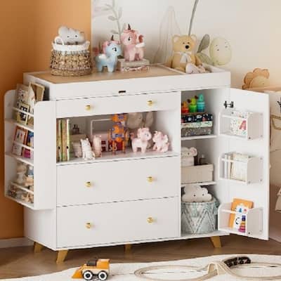 Modern Changing Table Dresser - Wide Top, 3 Drawers, White Finish‌