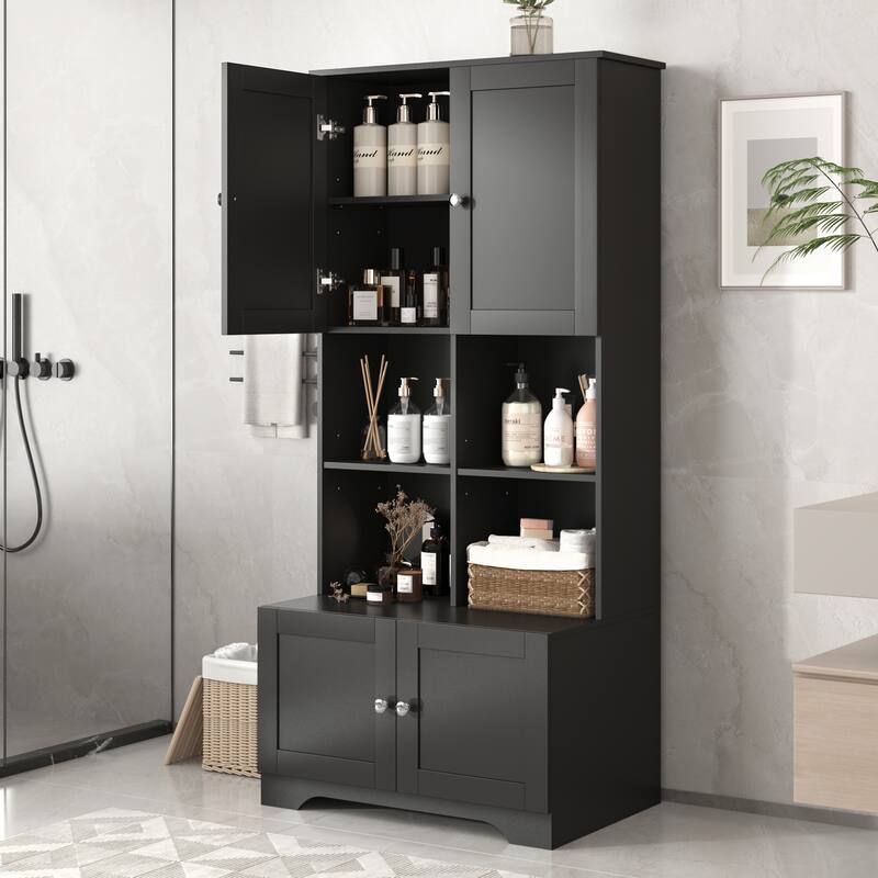GDFStudio - Carter Tall and Wide Freestanding Storage Cabinet with 4 Doors and Adjustable Shelves, MDF - Black