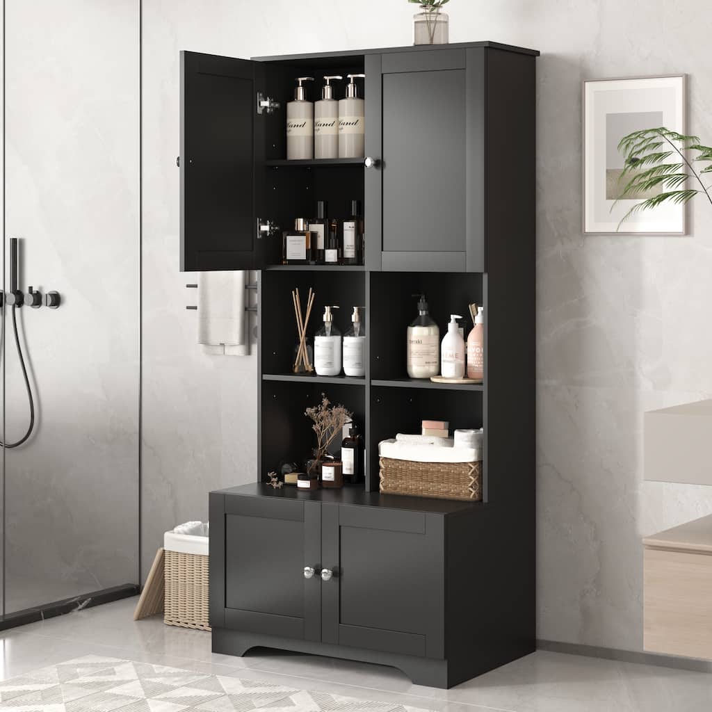 Roomfitters Extra Wide Tall Bathroom Cabinet with 4 Doors, Multi-Layer Adjustable Shelves, Freestanding