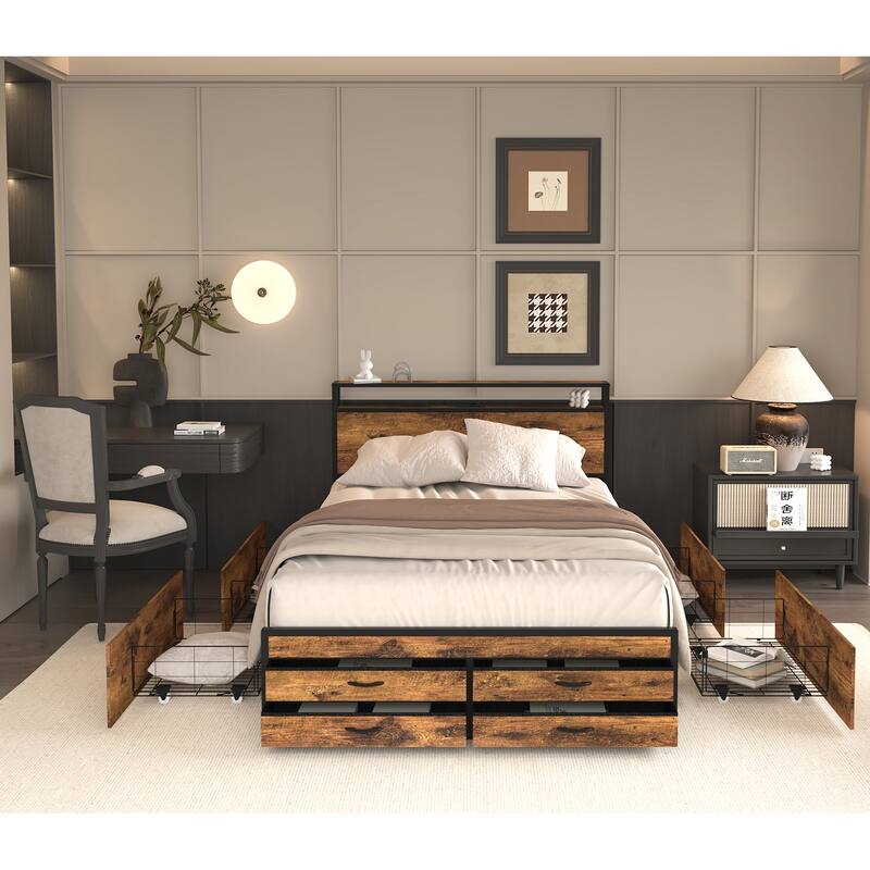 Full Size Bed Frame with 8 Storage Drawers, LED Headboard with Charging Station, Metal Platform Bed Frame