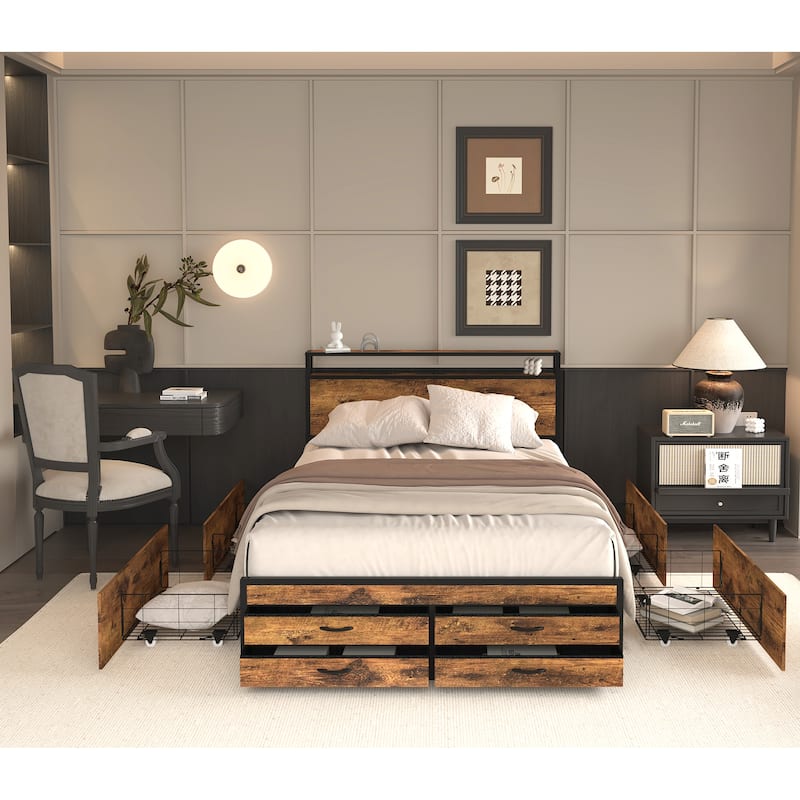 Metal Bed Frame Platform Bed Frame with 8 Storage Drawers, LED Headboard with Charging Station, No Box Spring Needed, Noise-Free - Black Brown - Queen