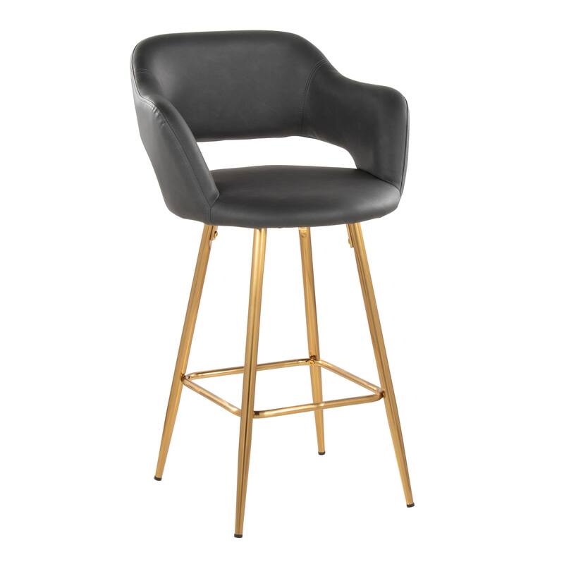 Porch & Den Vallen 26" Fixed-Height Faux Leather Counter Stool with Metal Legs & Square Footrest (Set of 2) - Grey Faux Leather/Gold Metal