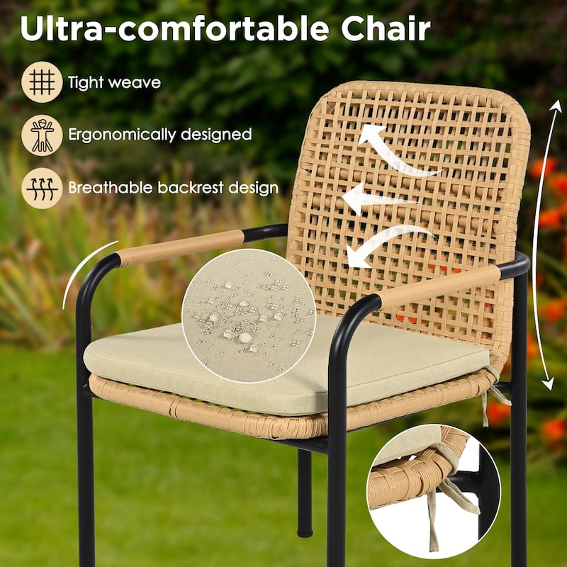 7 Pieces Patio Dining Table Set, Outdoor Wicker Furniture Set, Plastic Wood Table Top with Umbrella Hole for Backyard, Garden