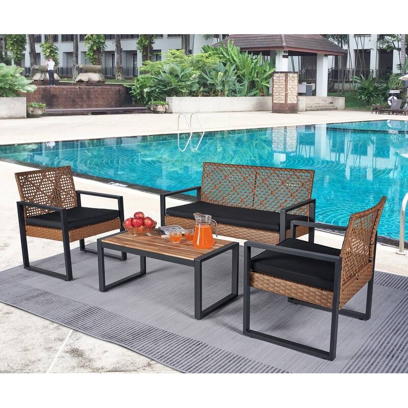 4-Piece Acacia Wood Table Top Patio Furniture Conversation Set for Balcony Porch Garden Backyard Lawn