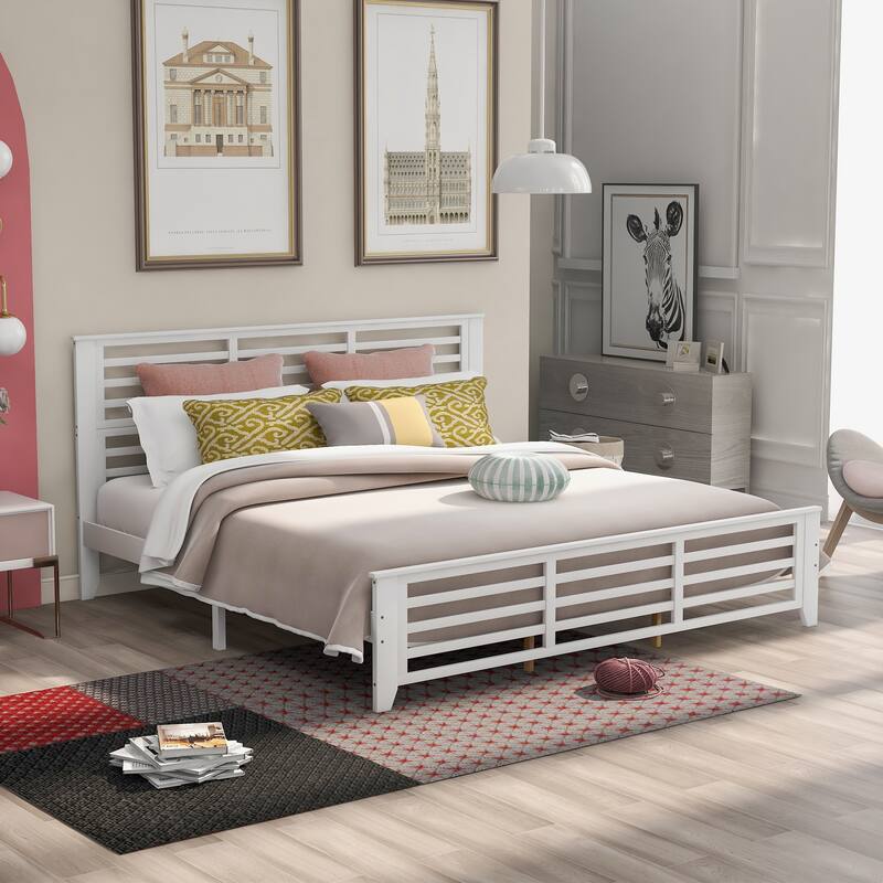King Size Platform Bed with Horizontal Strip Hollow Shape & Wood Slat