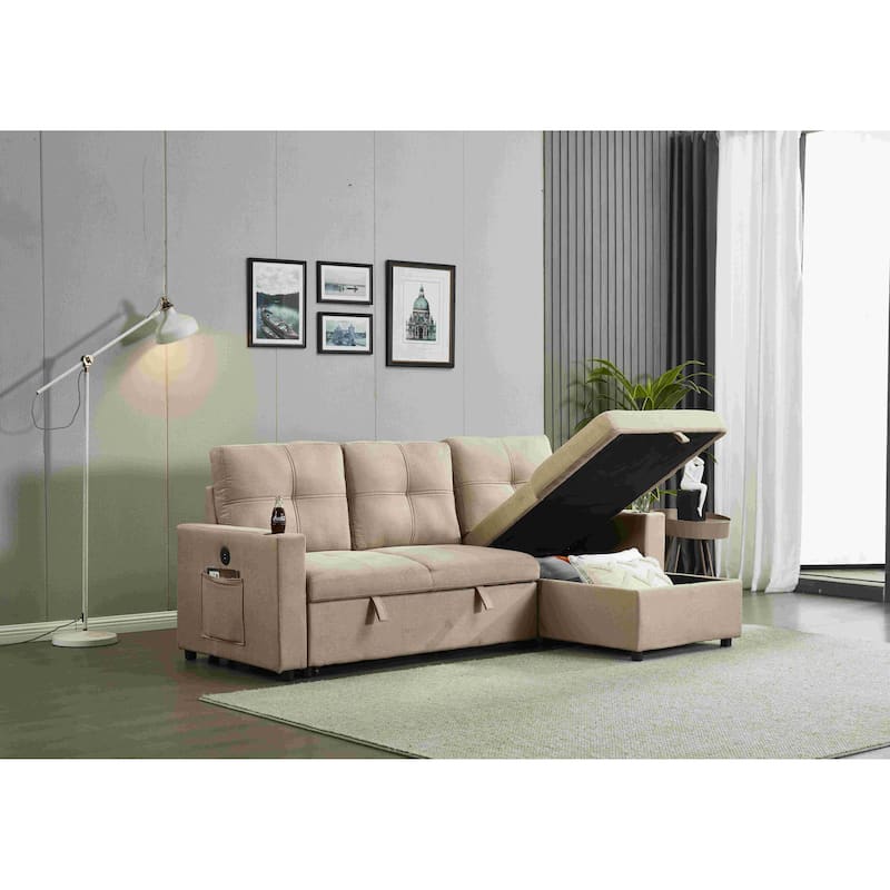 Linen Sectional Sofa Reversible Chaise with Pull out Sleeper