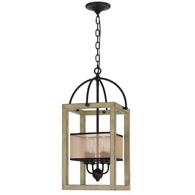 Acia 12 Inch Chandelier, Distressed Brown Organza Shade, Wood, Metal