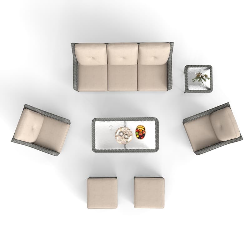 7 Pieces Patio Furniture Set with Swivel Rocking Chair, Coffee Table, Side Table for Backyard, Garden, Navy Blue/Beige/Orange