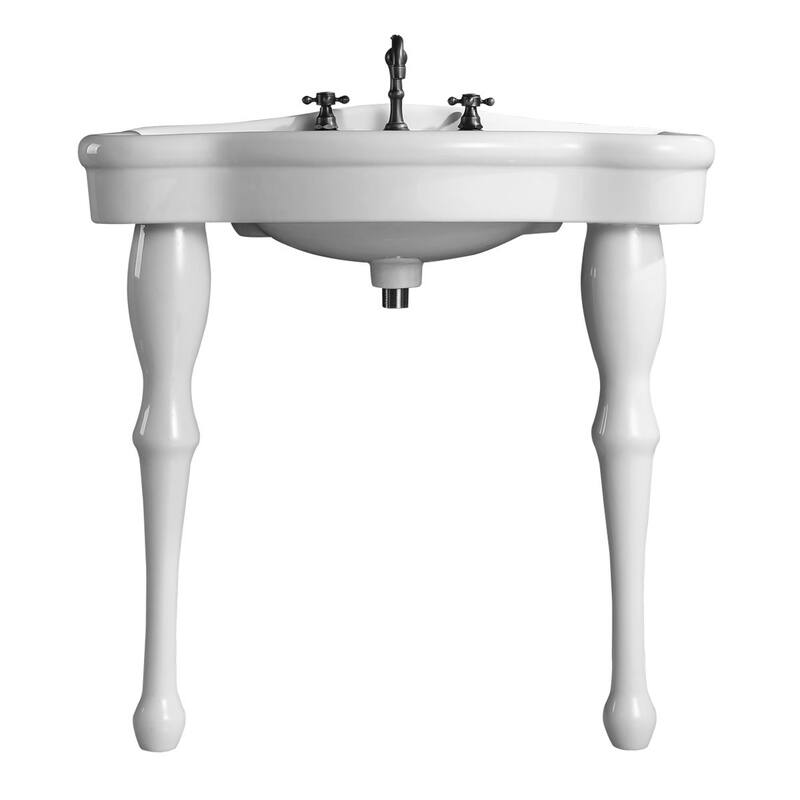 Jasmine White Porcelain Wall Mount Console Sink 2 Spindle Pedestal Leg With Overflow and Widespread Faucet Holes