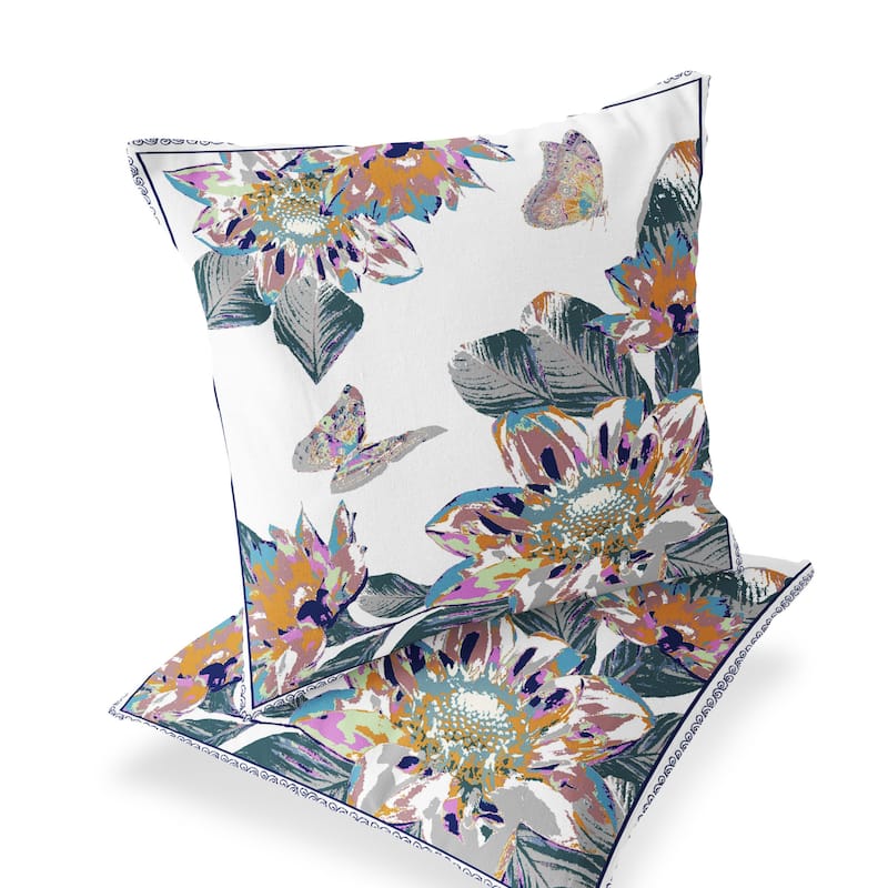 HomeRoots Set of Two 16" X 16" Pink and White Butterfly Blown Seam Floral Indoor Outdoor Throw Pillow - 16.00' X '16.00' X '5.00