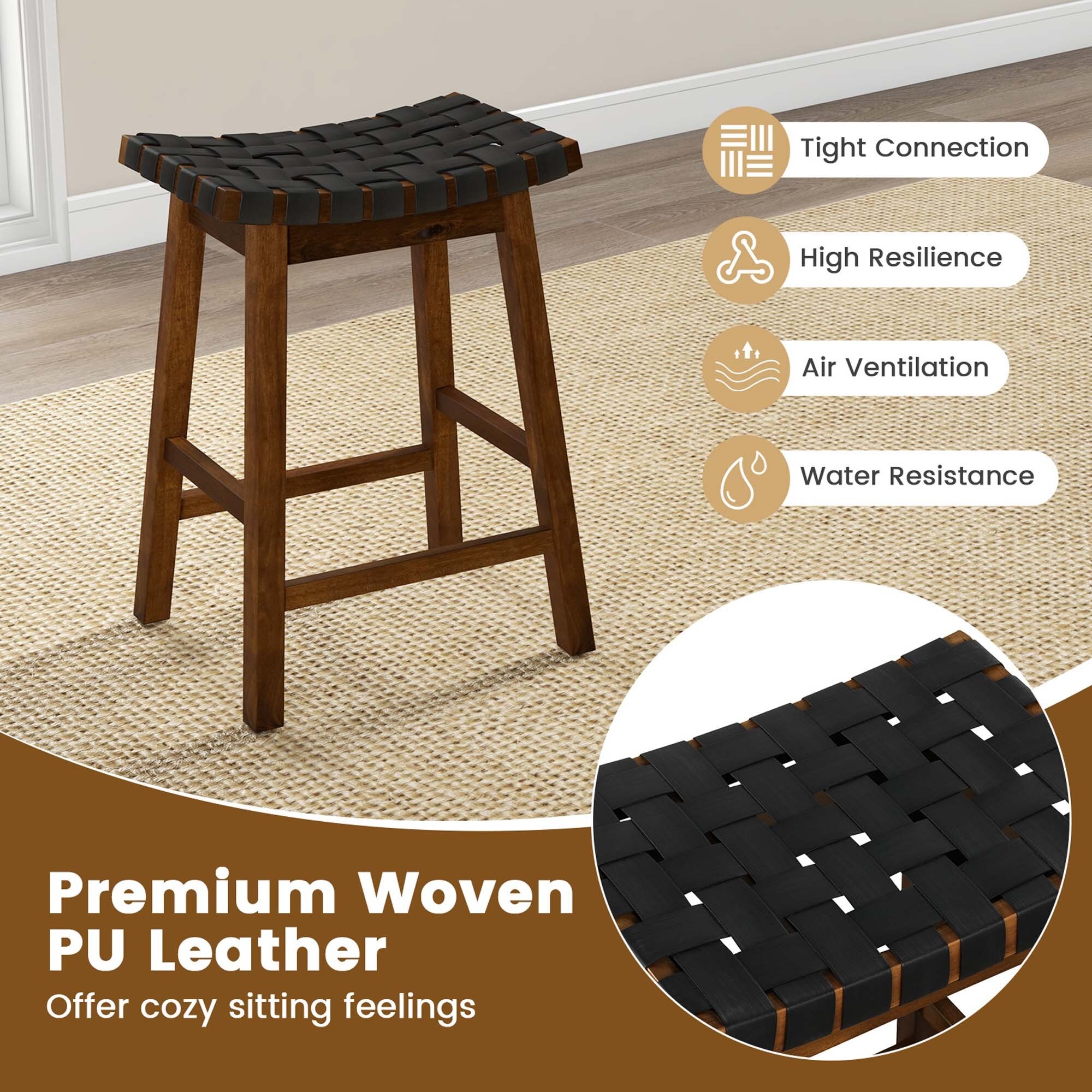 Set of 2 Woven Saddle Stools Faux PU Leather Kitchen Stool - Bed