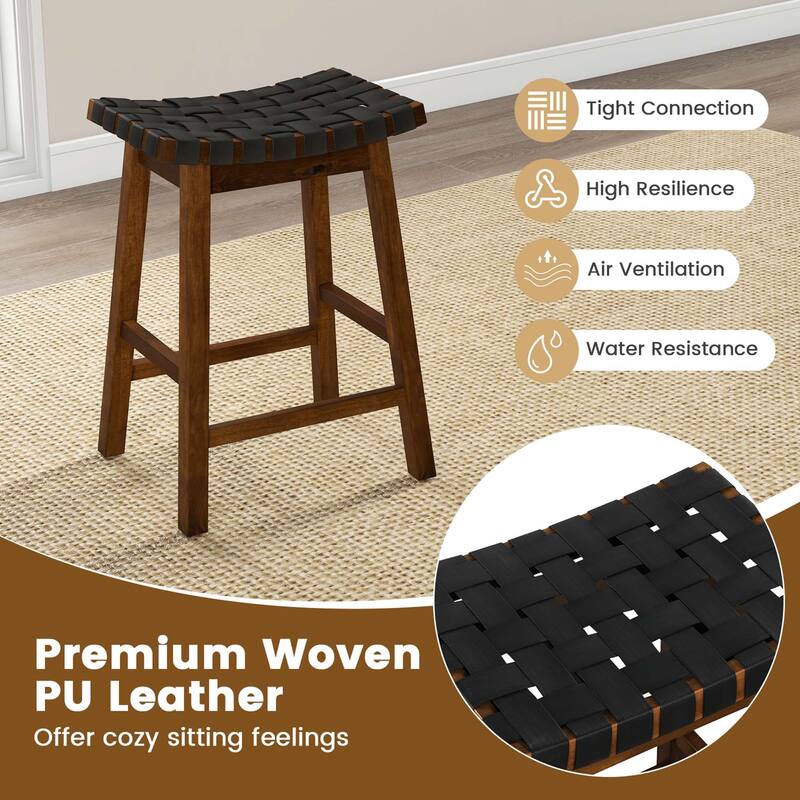 Set of 2 Woven Saddle Stools Faux PU Leather Kitchen Stool