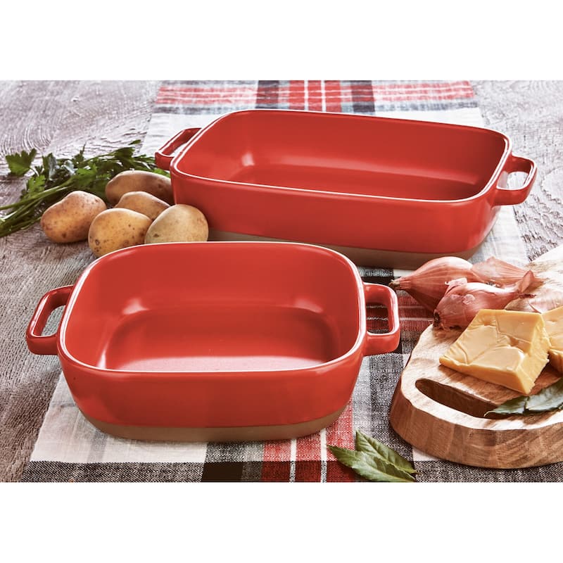 Red Rectangular Oven Baker with Handles Stoneware Dishwasher Safe 13.6"Lx8.25"Wx2.75"H
