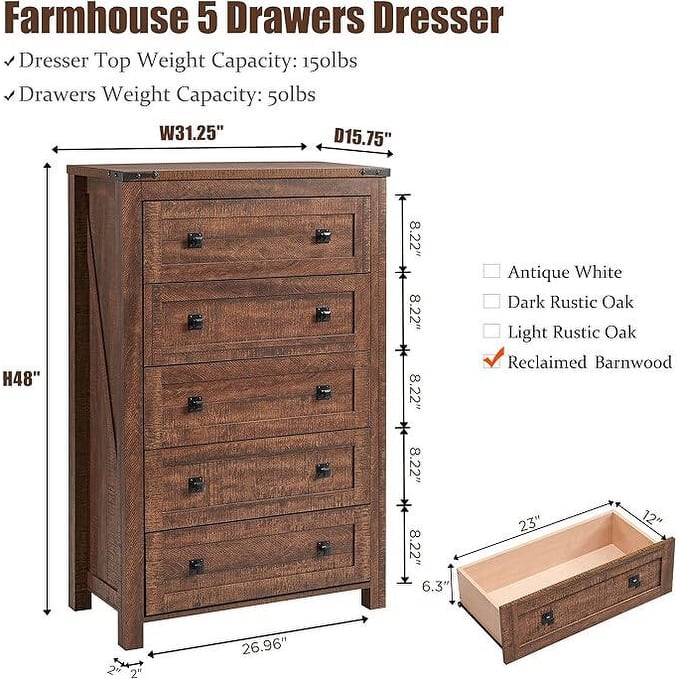 48" Tall Farmhouse 5 Drawer Wood Dresser, Chest of Drawers for Bedroom