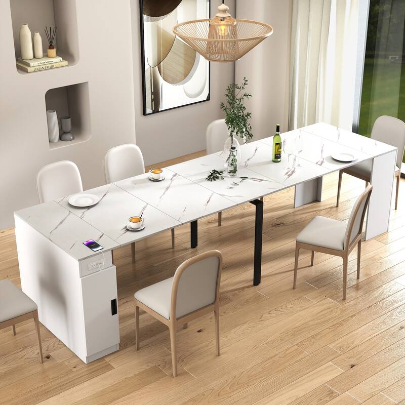Modern Extendable Dining Table with Outlet & Storage, Space-Saving Expanding Table for Party & Meetings - White