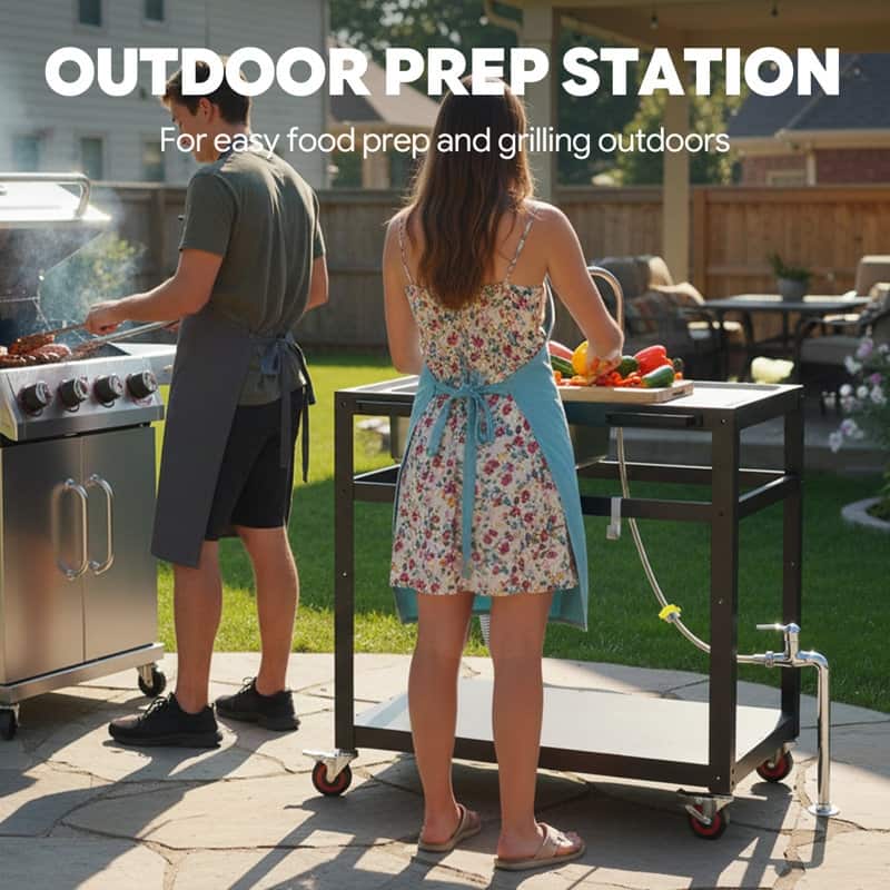 FEASTO 35-Inch Outdoor Grill Cart with Stainless Steel Sink, Rolling BBQ Prep Table with Faucet, Storage Shelves and Wheels