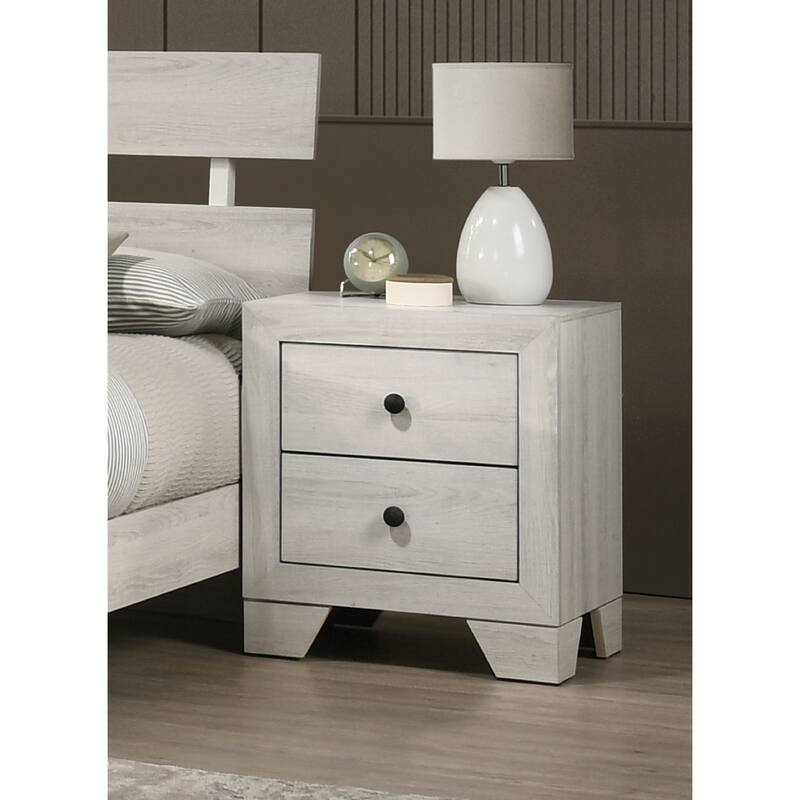Rustic White Wash Finish Two Drawer Nightstand with Round Handles