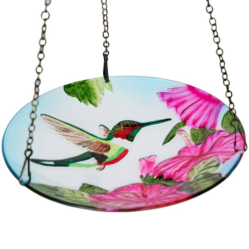 10" Glass Hanging Bird Feeder w/ Red Flowers & Hummingbird