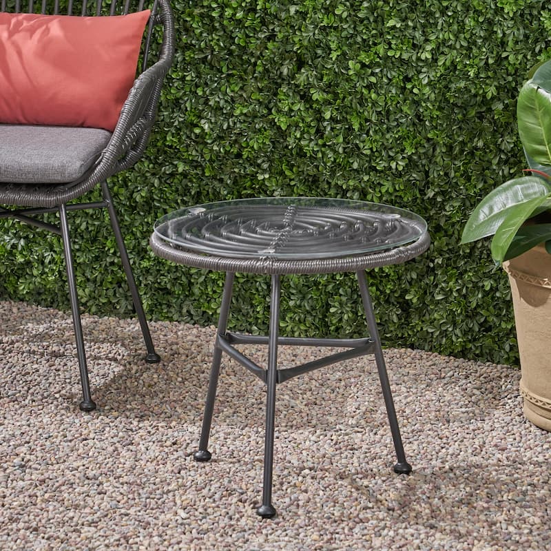 Roomfitters Round Outdoor Side Table, Accent End Table with Tempered Glass Top, Wicker Steel Frame, Patio End Table
