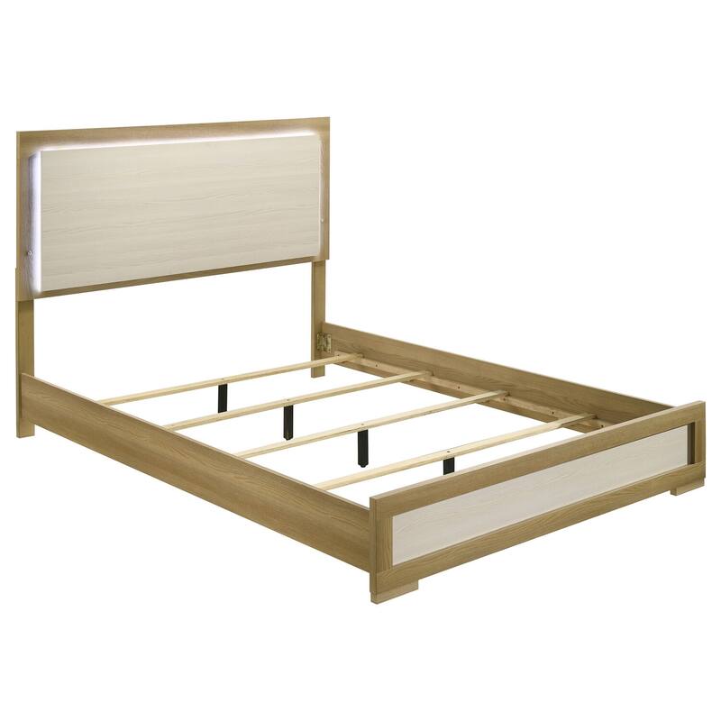 Natural and White Wood Panel LED Queen Bed with Integrated Headboard Lighting and Contemporary Style