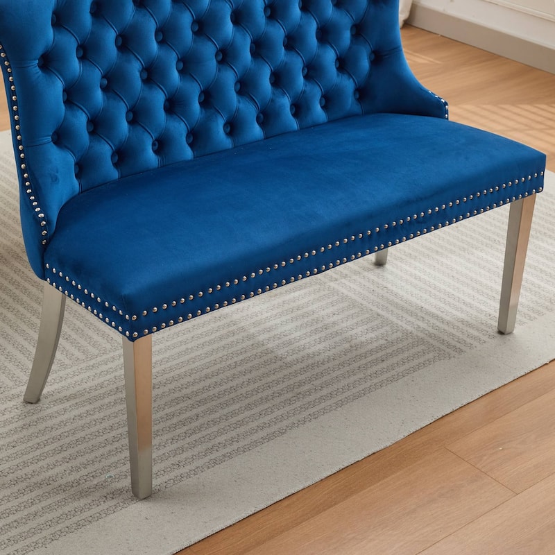 Roomfitters Upholstered Loveseat Bench with Nailhead Trim and Silver Legs, Modern High Back Settee for Dining Room