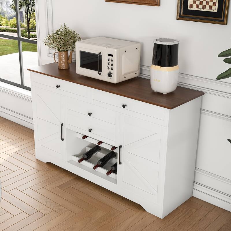 54" Farmhouse Buffet Sideboard with Storage Cabinet & Adjustable Shelf, Wood Top Dining Table with Drawer
