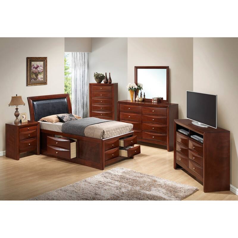 Wooden Panel Twin Bed with Drawers - 87" - Cherry Brown