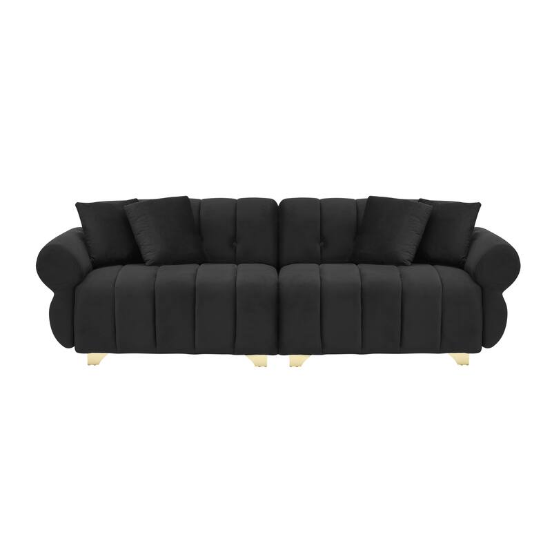 Velvet Sofas Lounge Couch with Round Armrests and Channel Tufting Back, Deep Seat Sofa with Metal Leg and 4 Throw Pillows