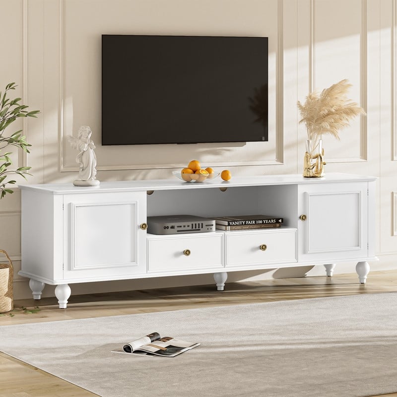 70.9'' Modern TV Stand for TVs up to 80 Inches, Entertainment Center with Open Compartment, TV Storage Cabinet with 2 Drawers