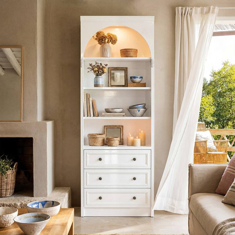 Modular White Bookcase with LED Lights & Glass Doors, 86.6" Tall Arched Display Cabinet Solid WoodStorage Cabinet