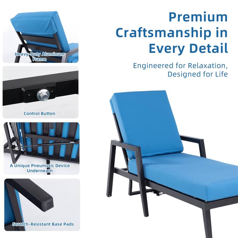 3-Piece Patio Chaise Lounge Set - 2 Aluminum Recliners & End Table, Wheels, Adjustable Back, Sunbrella, Ember Black