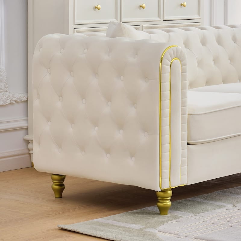 Roomfitters 86" and 63" Modern Tuxedo Chesterfield Sofa and Loveseat Set with Gold Trim, Button Back 2-Piece Couch Set