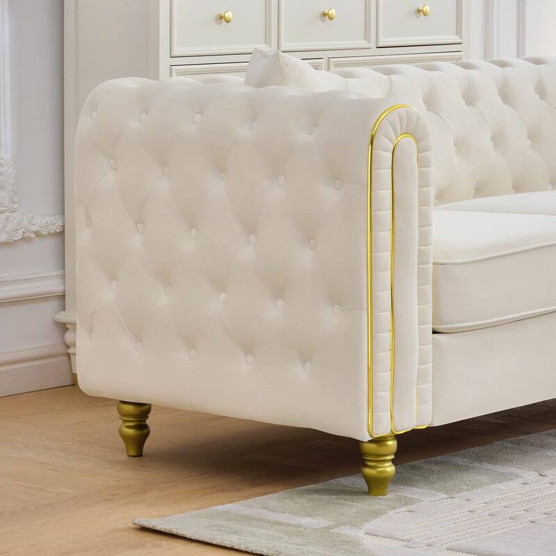 Roomfitters Two 86" Modern Upholstered Tuxedo Chesterfield Sofa Set with Gold Trim, Button Back 2-Piece Couch Set