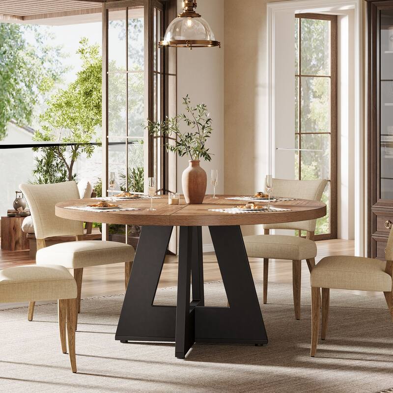 47-inch Round Dining Table Wood Dinner Table for 4-6 People - Brown+Black