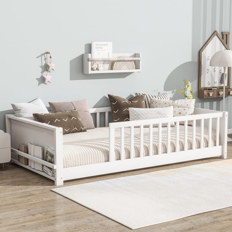 Twin Floor Bed with Built-in Bookcase Rubber Wood Low Profile Platform Bed - White