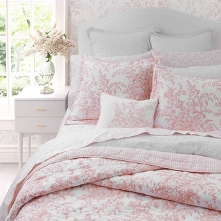 Laura Ashley King Quilt Set - Floral Embroidered Cotton Bedding, Super Soft, 96x104", Includes 2 Shams, Pink