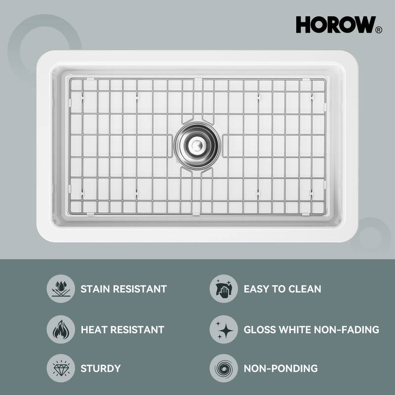 HOROW White Fireclay 32 in. Single Bowl Undermount/Drop-In Kitchen Sink with Basket Strainer and Sink Grid