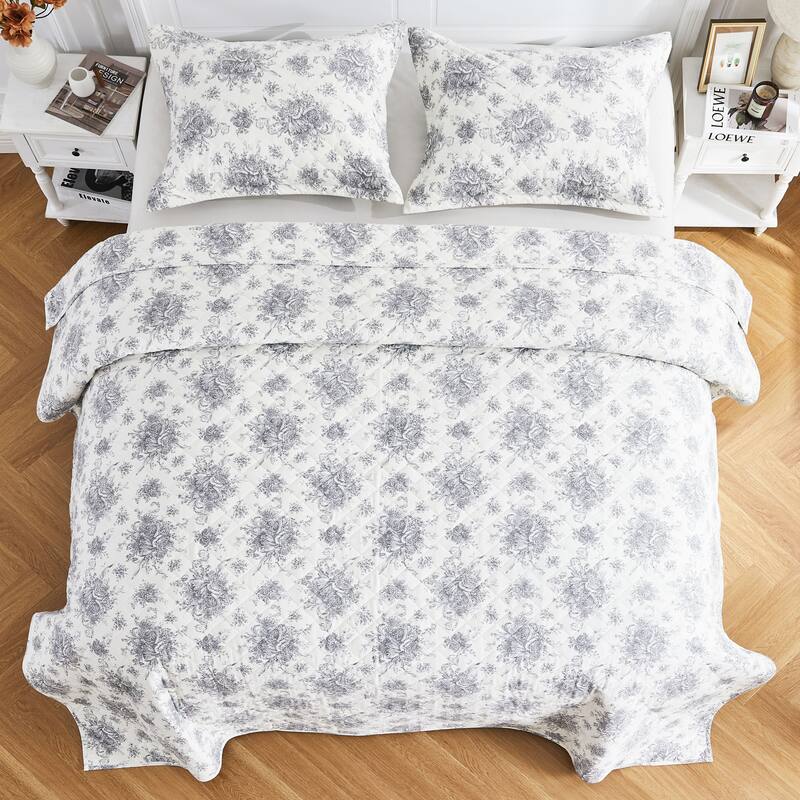 All Cotton Flannel Petit Floral Quilt Set Gray