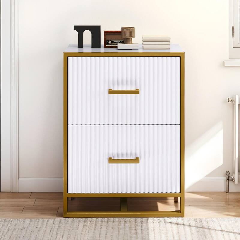 Moasis 2 Drawer File Cabinet with Gold Frame Filing Cabinet for Letter Size Printer Stand - White/Gold