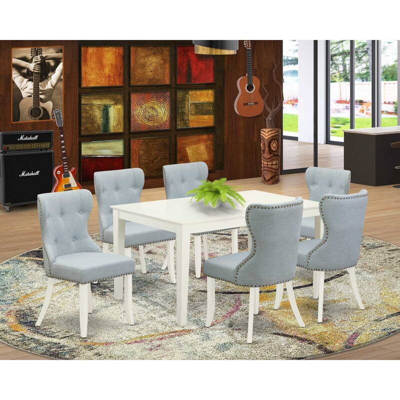 HomeStock 7-Piece Linen White Finish Solid Wood Top Dining Table with 6 Chairs with Lattice Back