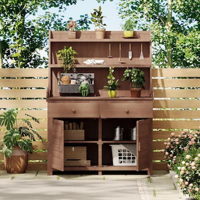 65-Inch Garden Potting Bench: Fir Wood with Storage Shelf, Drawer, and Cabine