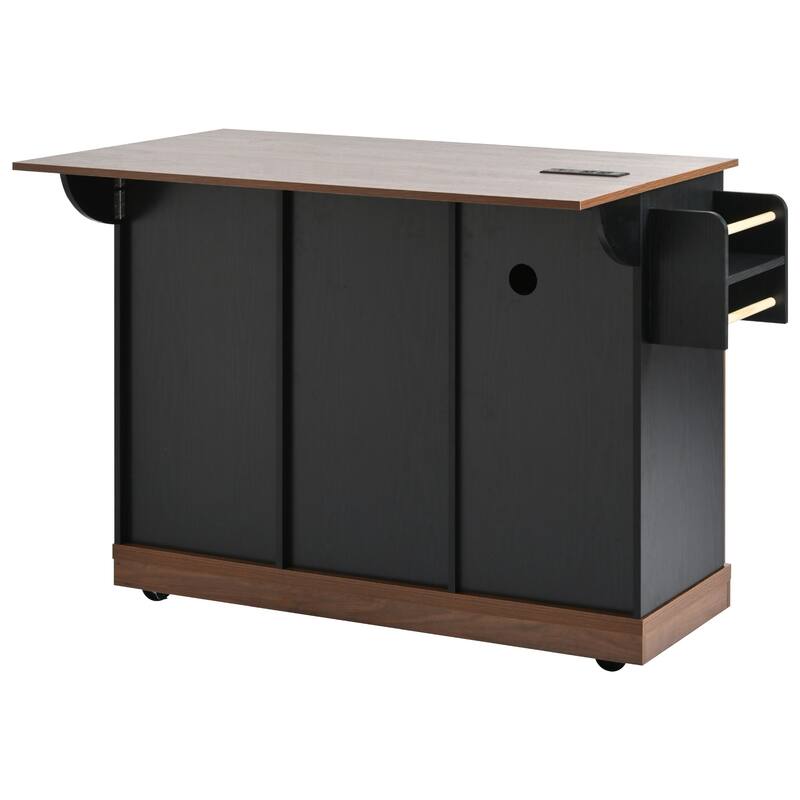 Farmhouse Kitchen Island with Drop Leaf, Sliding Barn Door, Power Outlet, Rolling Storage Cart with Spice Rack, Lockable Wheels