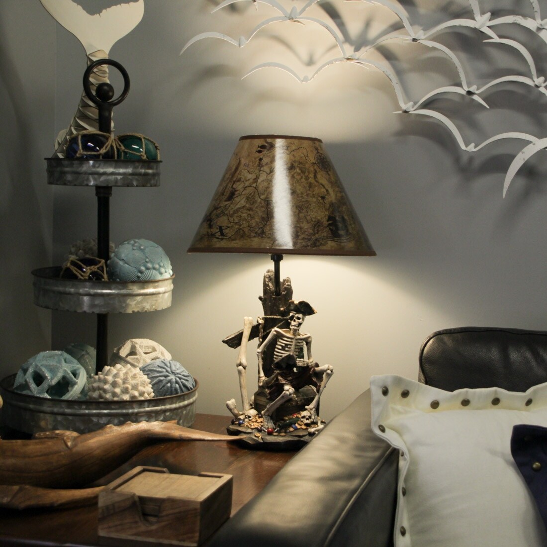 Zeckos 21 Inch Pirate Skeleton Table Lamp With Treasure Map Shade