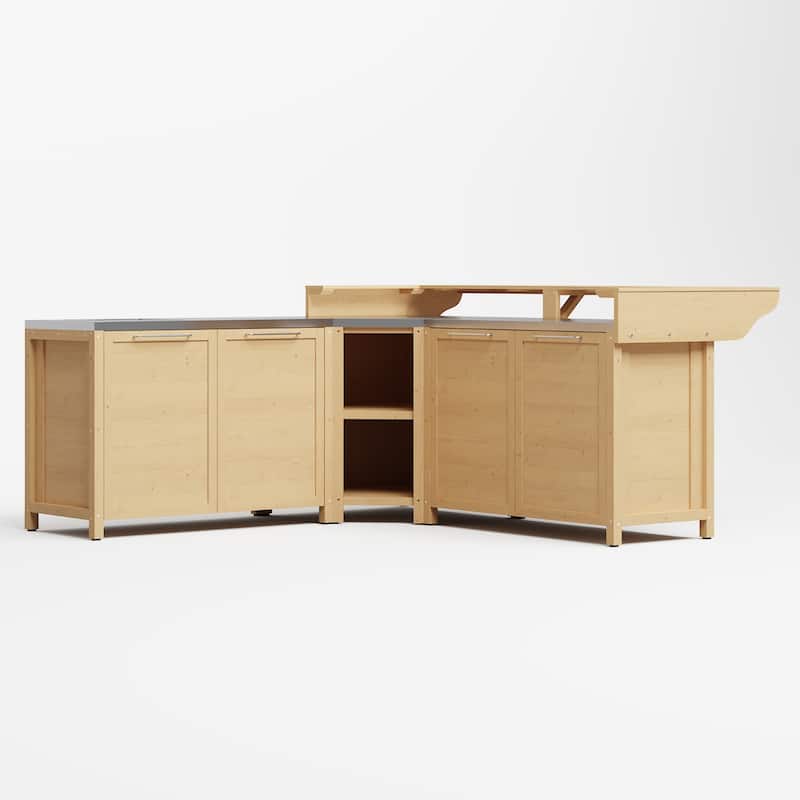 Outdoor BBQ Kitchen Cabinet Set, 100% Solid Wood Patio Kitchen Storage Stainless Steel Countertop
