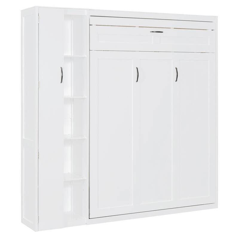 Space-Saving White Murphy Bed with Shelves, Wardrobe & LED Lights - Full Size